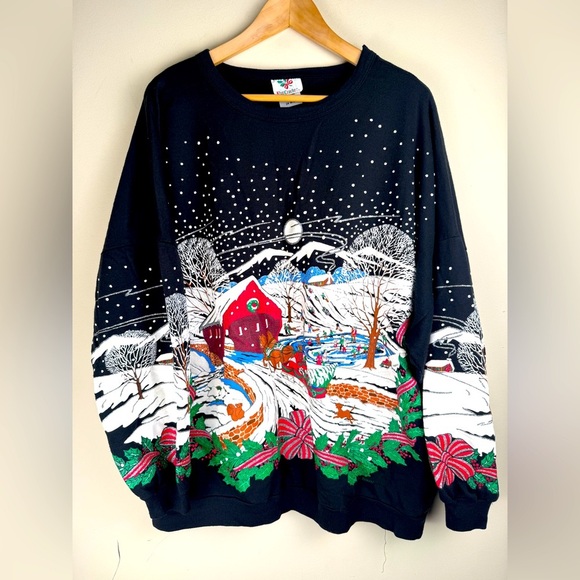 Nutcracker Sweaters - Nutcracker Vintage Holiday Sweater Black w/ Christmas/Winter Scene Size 24W/44